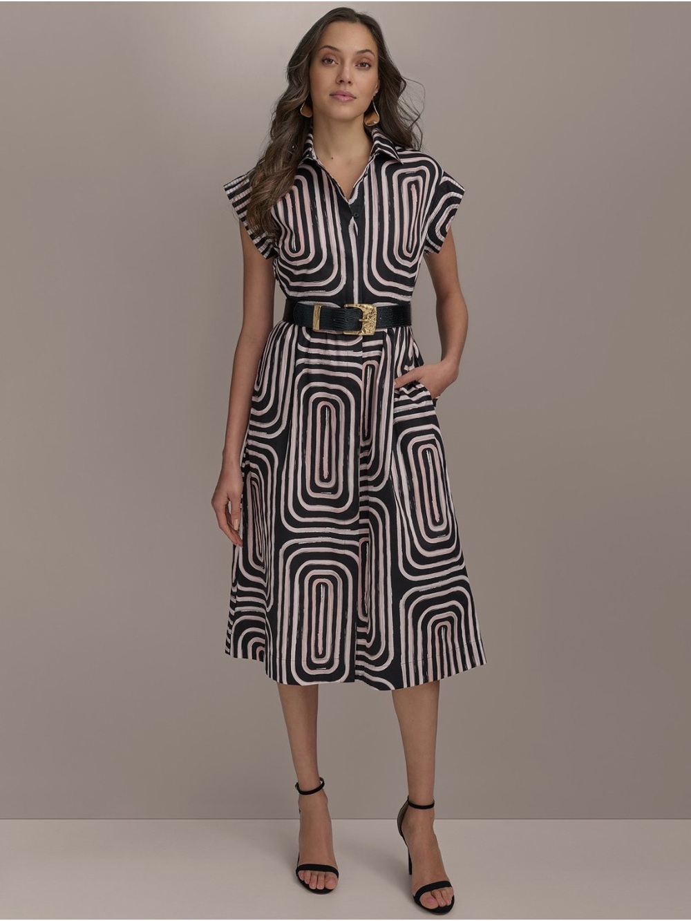 Donna Karan Black & Cream Geometric Midi Shirt Dress